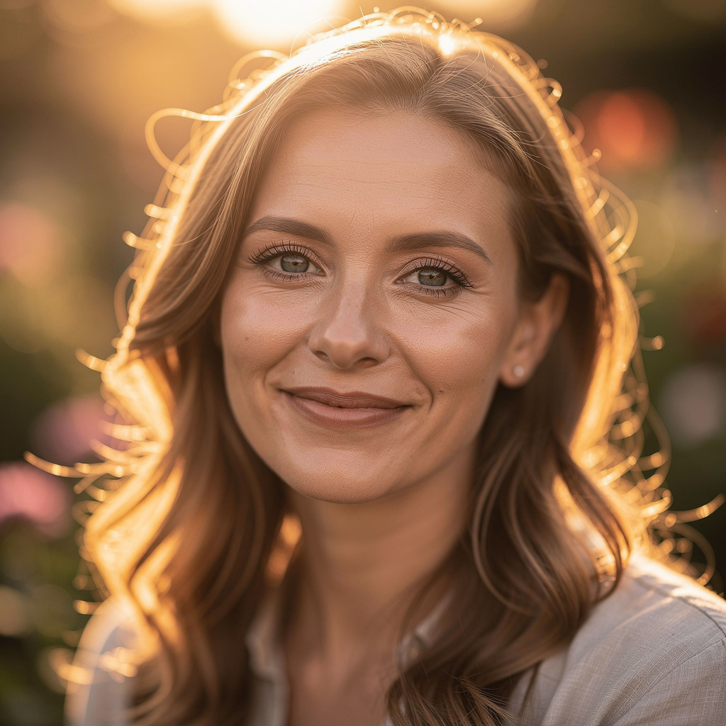 A portrait shot at 85mm f/1.4 with creamy bokeh background, 