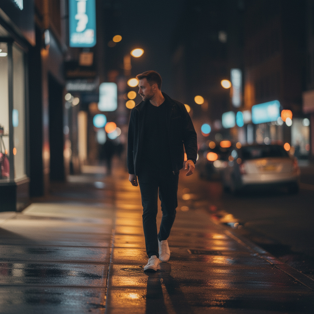 A street photograph with shallow depth of field as if shot a