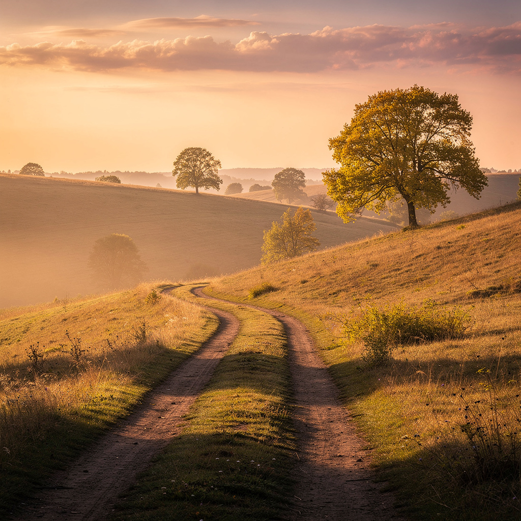 A landscape photograph bathed in golden hour light — long wa