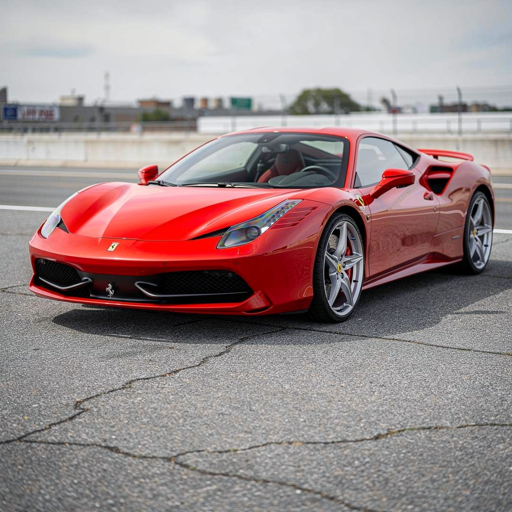 A bright red sports car parked on a gray asphalt road — the 