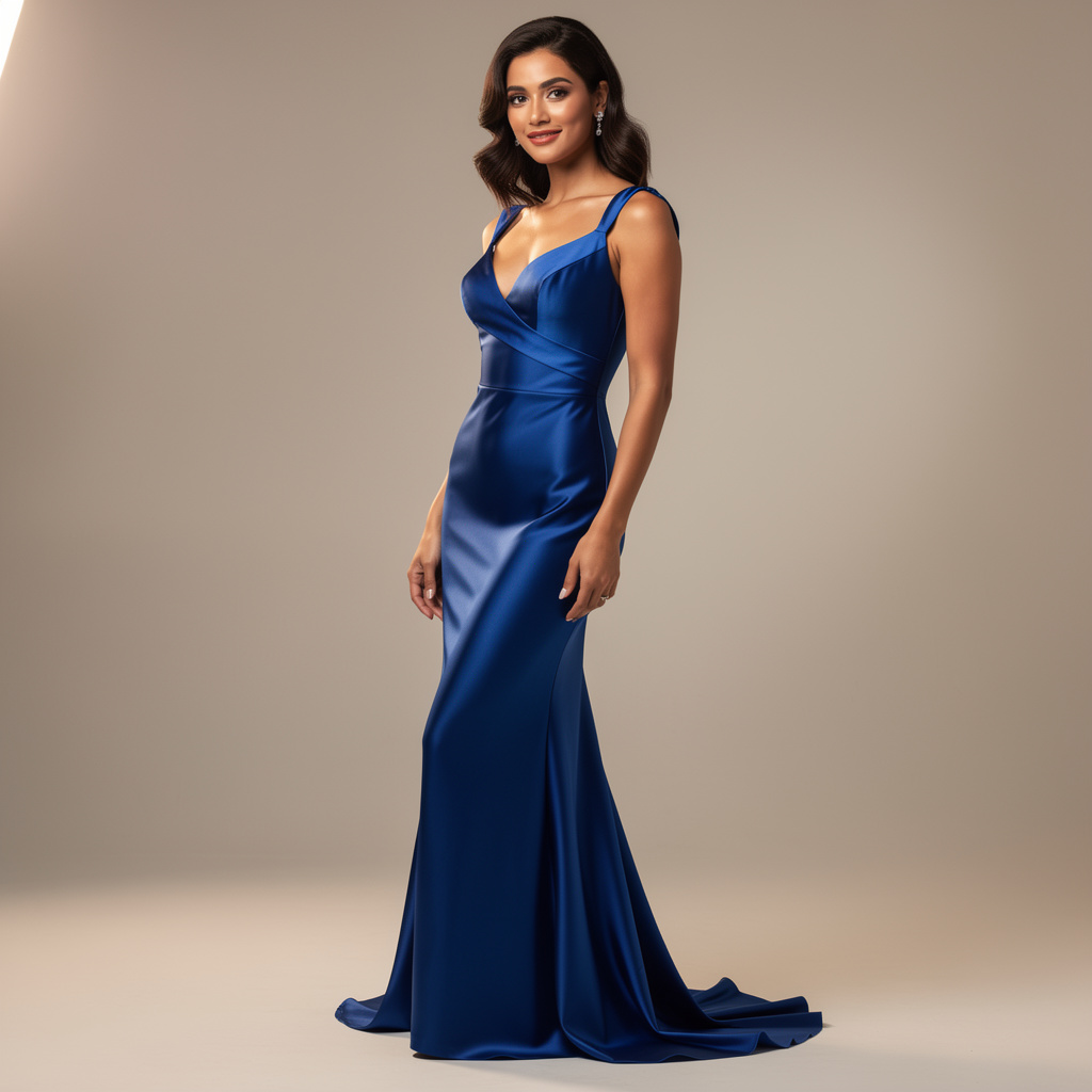 A woman wearing a royal blue evening dress against a neutral