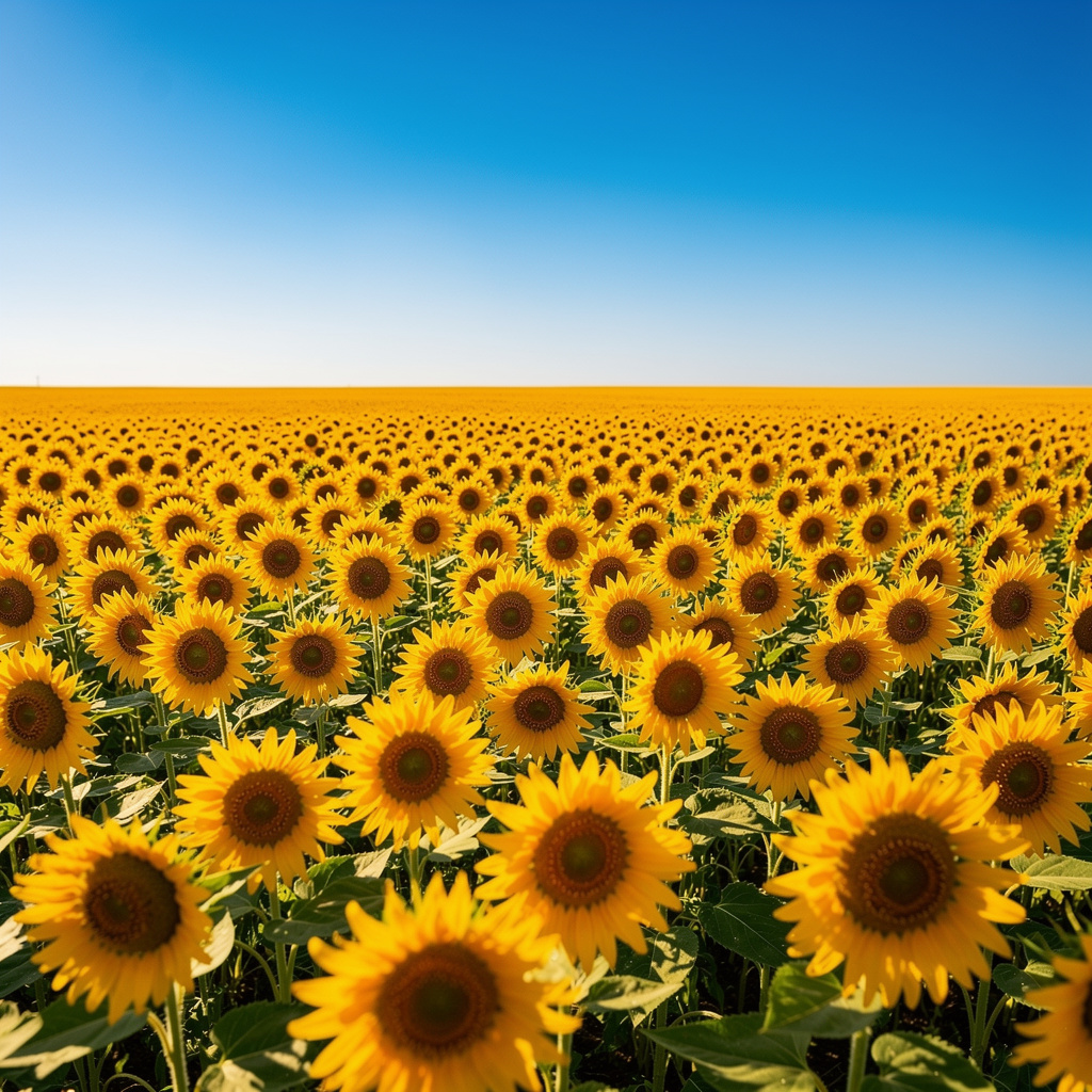 A field of pure sunflower yellow flowers under a clear blue 