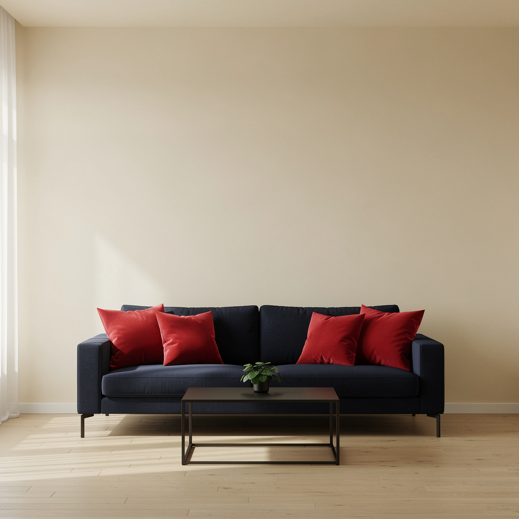 A minimalist room with walls in #F5E6CC (warm cream), a sofa