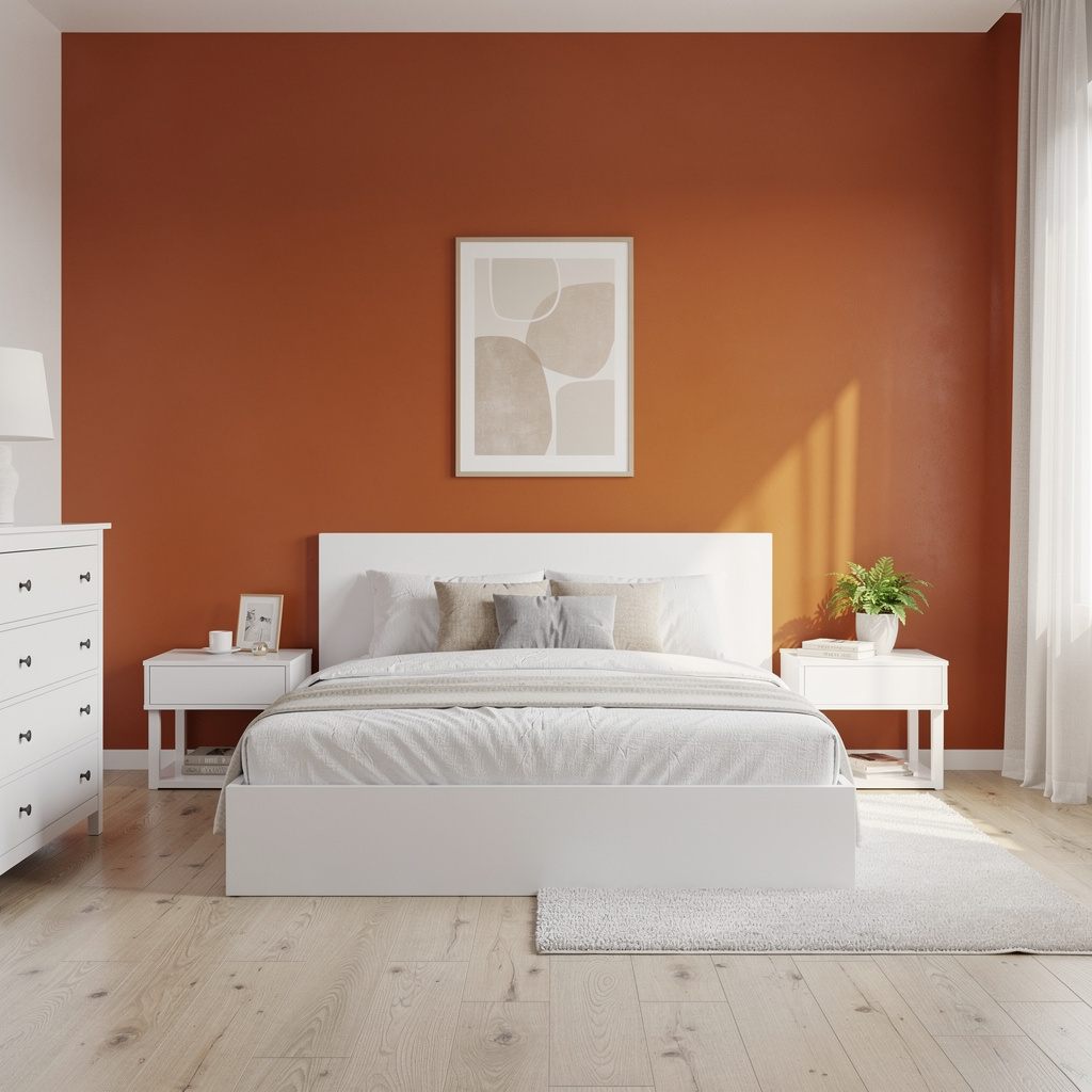 A bedroom wall painted in #FF6B35 (burnt orange) with white 