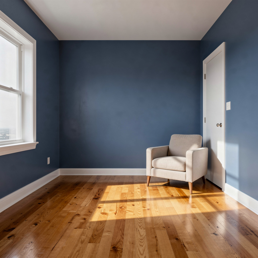 A room with walls in #4A90D9 (medium blue) with warm wooden 