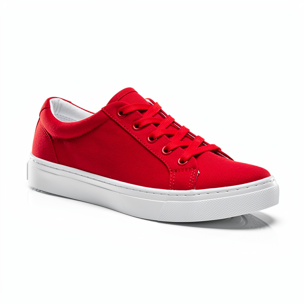 A single red sneaker on a clean white background with soft s
