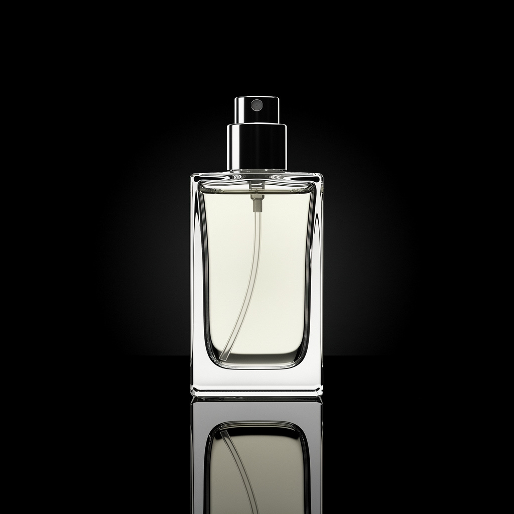 A clear glass perfume bottle on a reflective black surface w