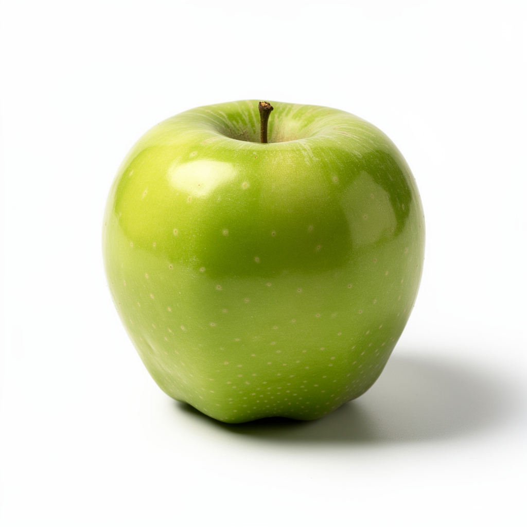 A ripe green apple on a seamless white background with soft 