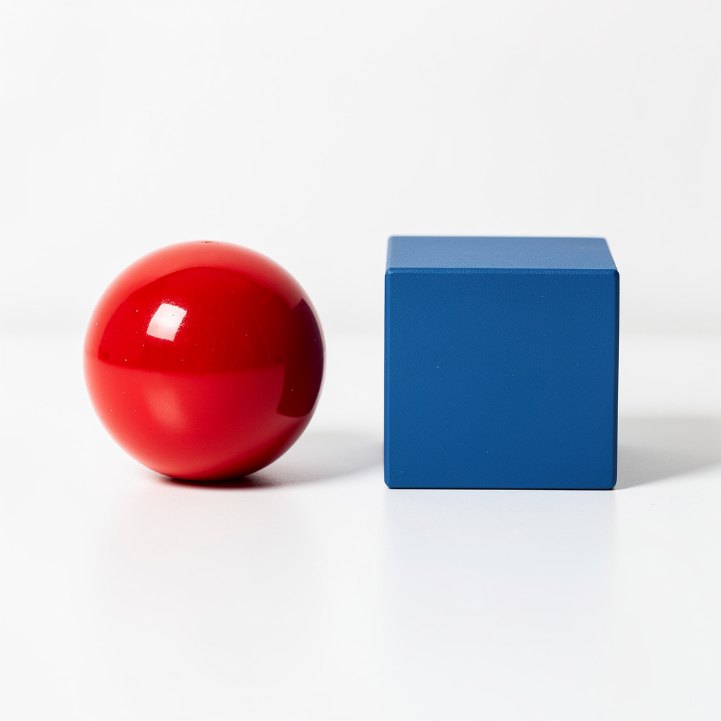 A red ball and a blue cube sitting side by side on a white s
