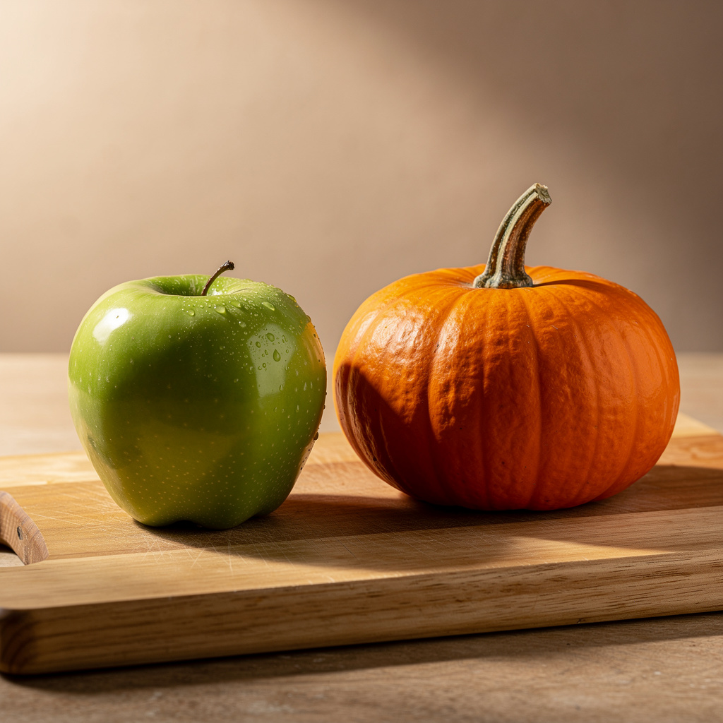 A green apple and an orange pumpkin on a wooden cutting boar