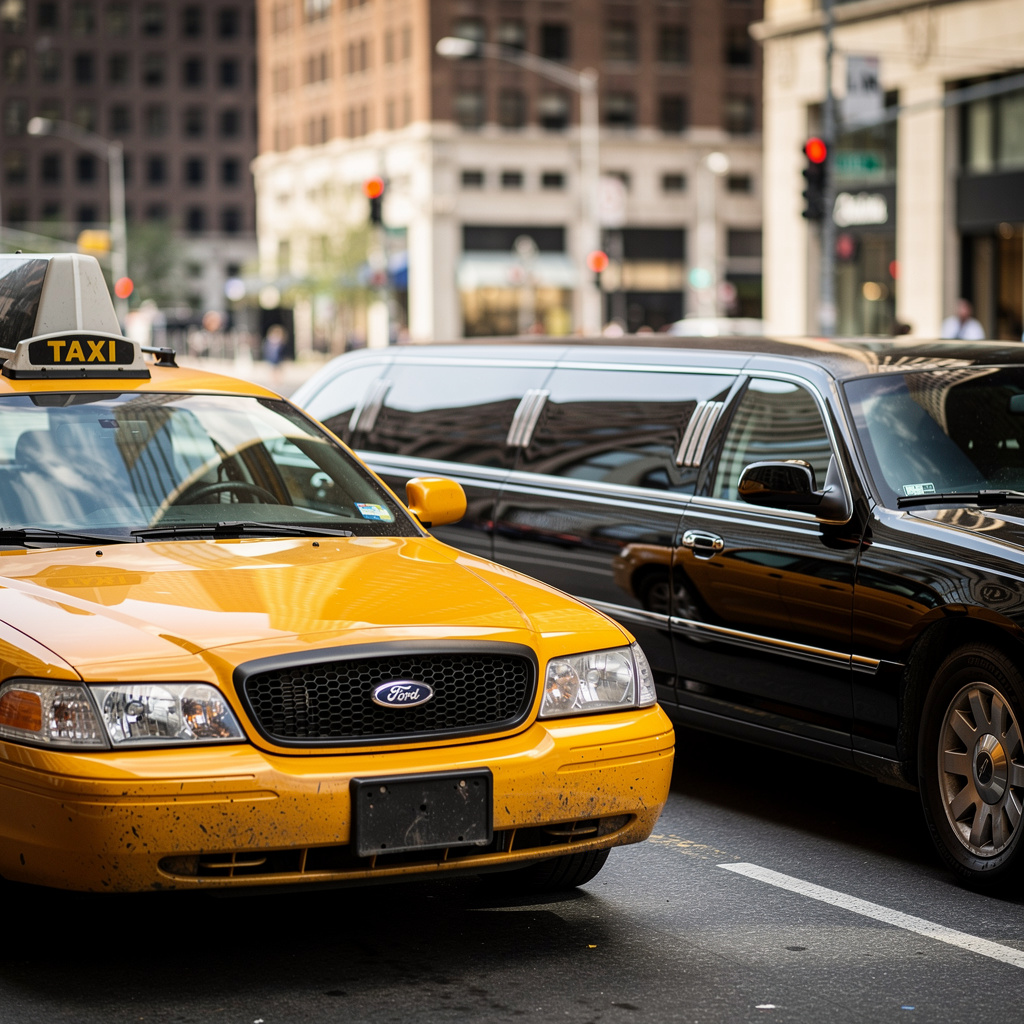 A yellow taxi and a black limousine parked next to each othe
