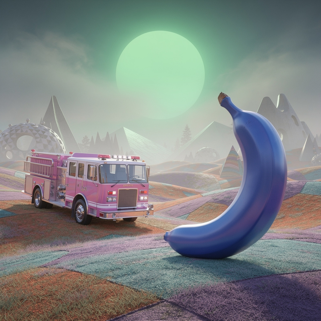 A pink fire truck, a blue banana, and a green sun in a surre