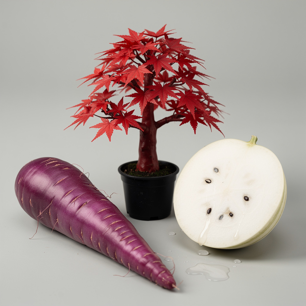 A purple carrot, a red tree with red leaves, and a white wat