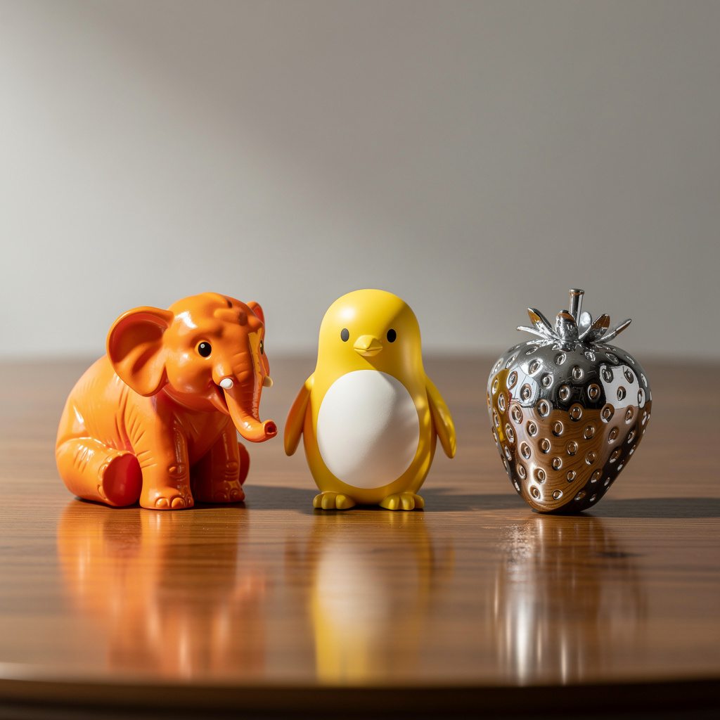 An orange elephant, a yellow penguin, and a silver strawberr