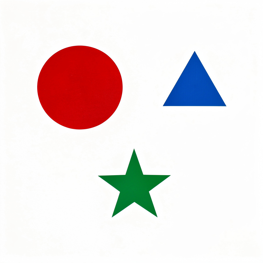A large red circle, a small blue triangle, and a medium gree