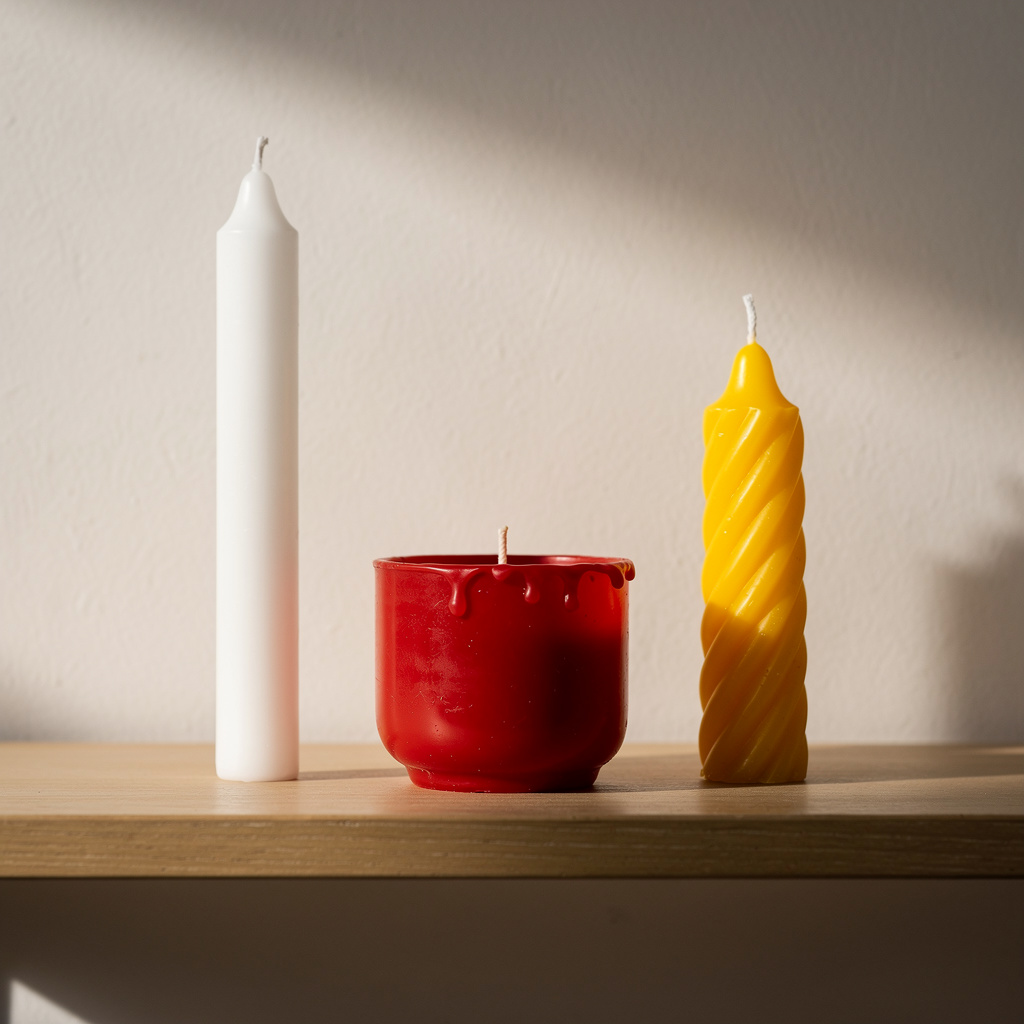 A tall thin white candle, a short fat red candle, and a medi