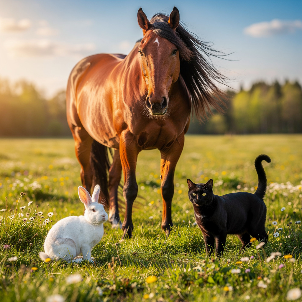 A big brown horse, a small white rabbit, and a medium-sized 
