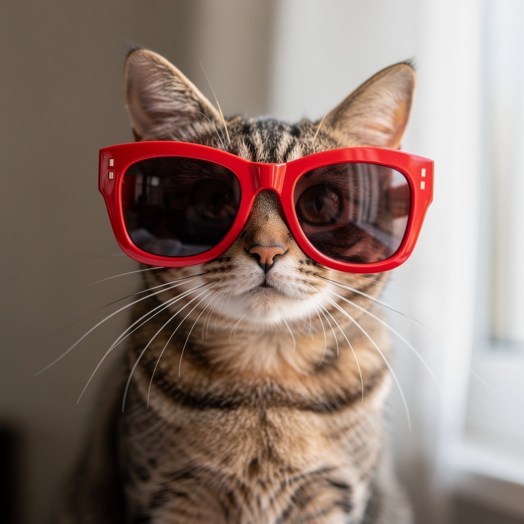 A tabby cat wearing oversized red sunglasses