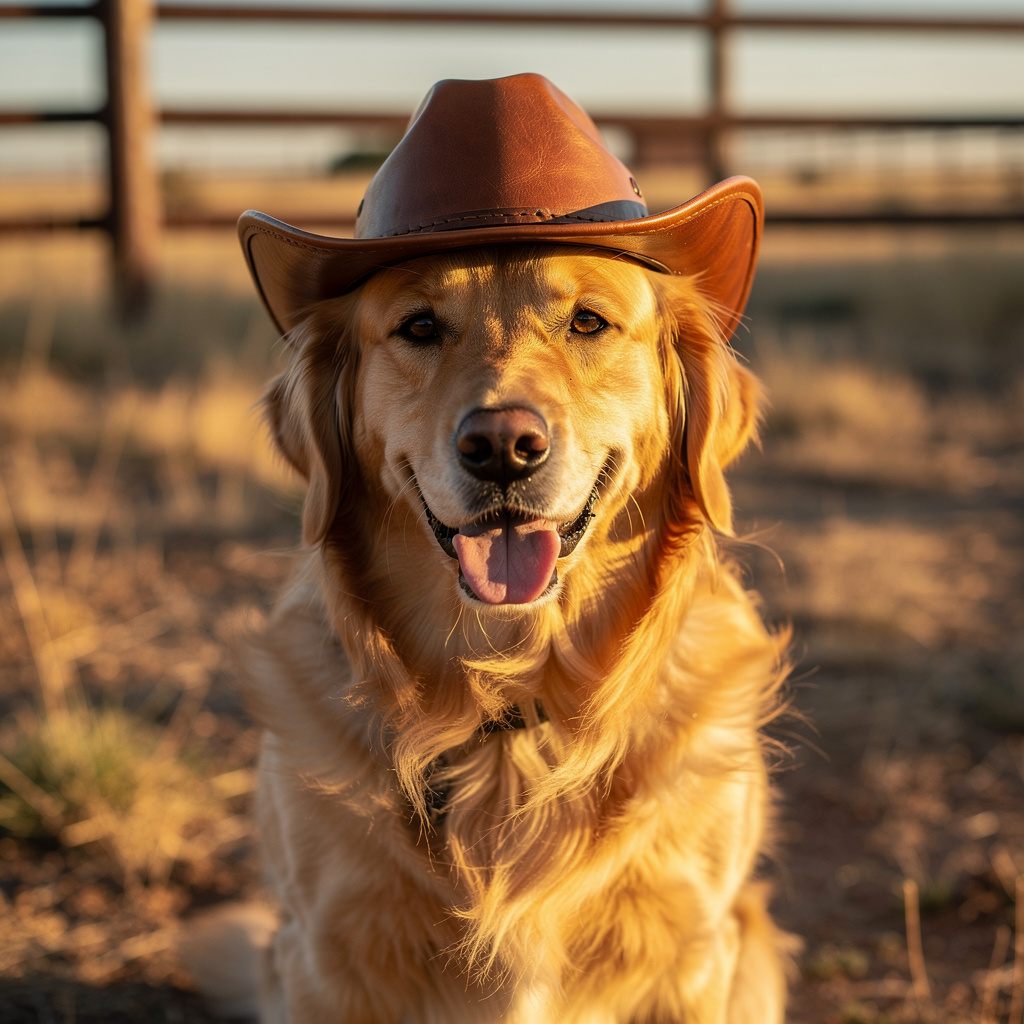 A golden retriever wearing a tiny cowboy hat
