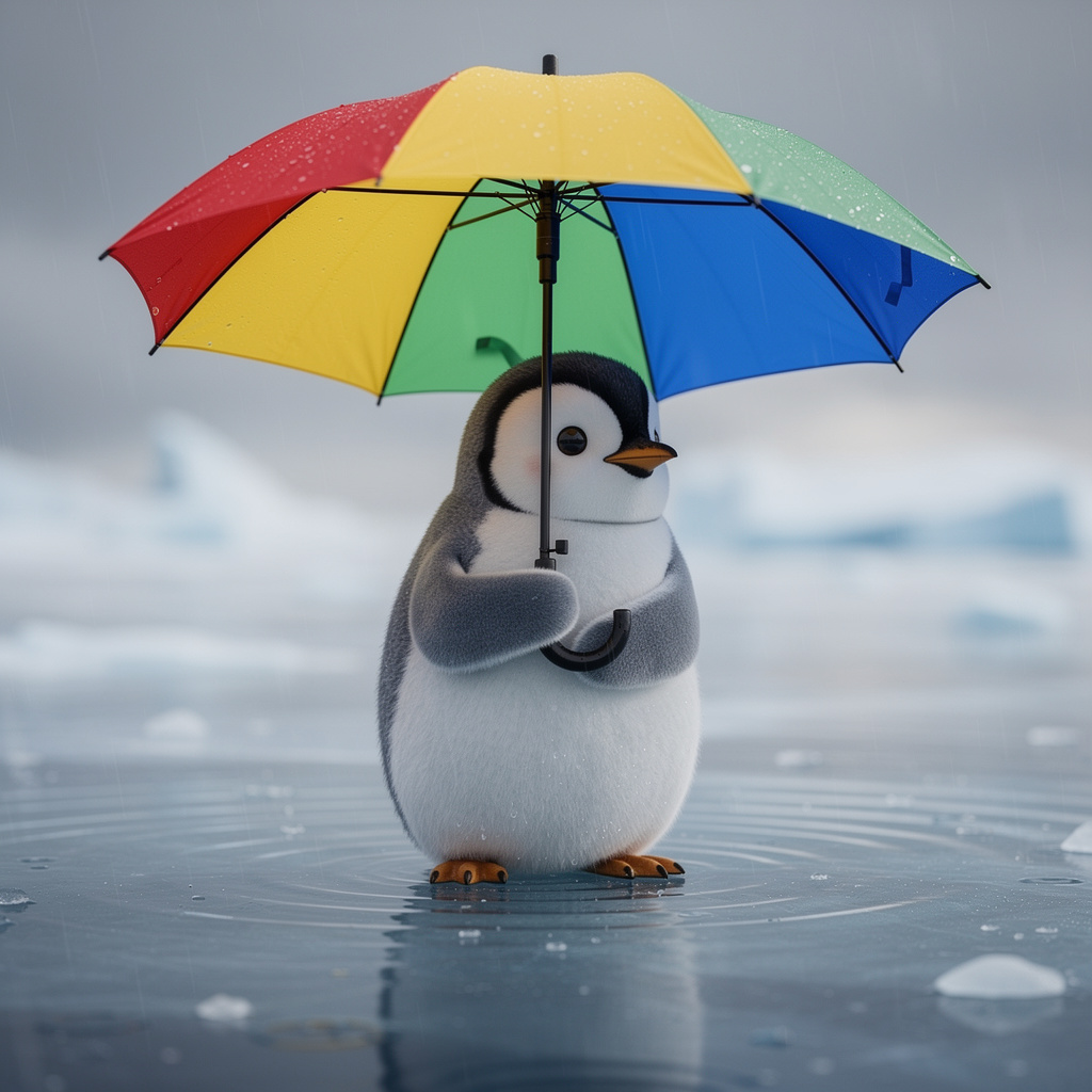 A penguin holding a colorful umbrella