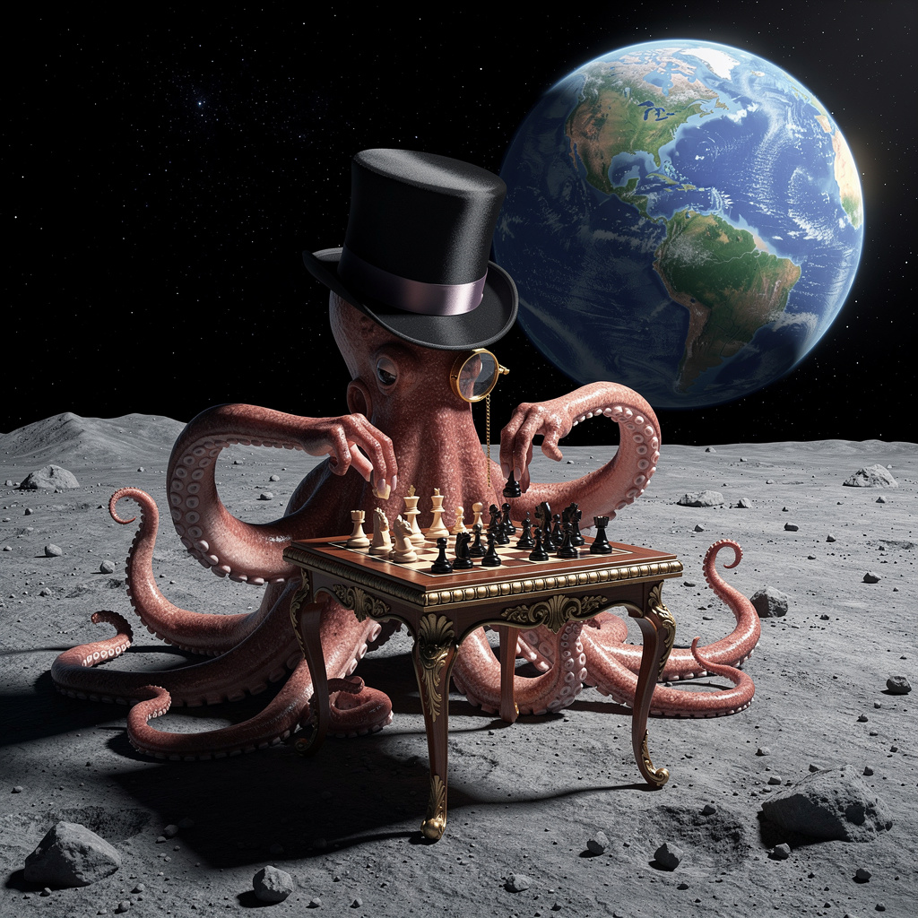 An octopus wearing a top hat and monocle playing chess on th