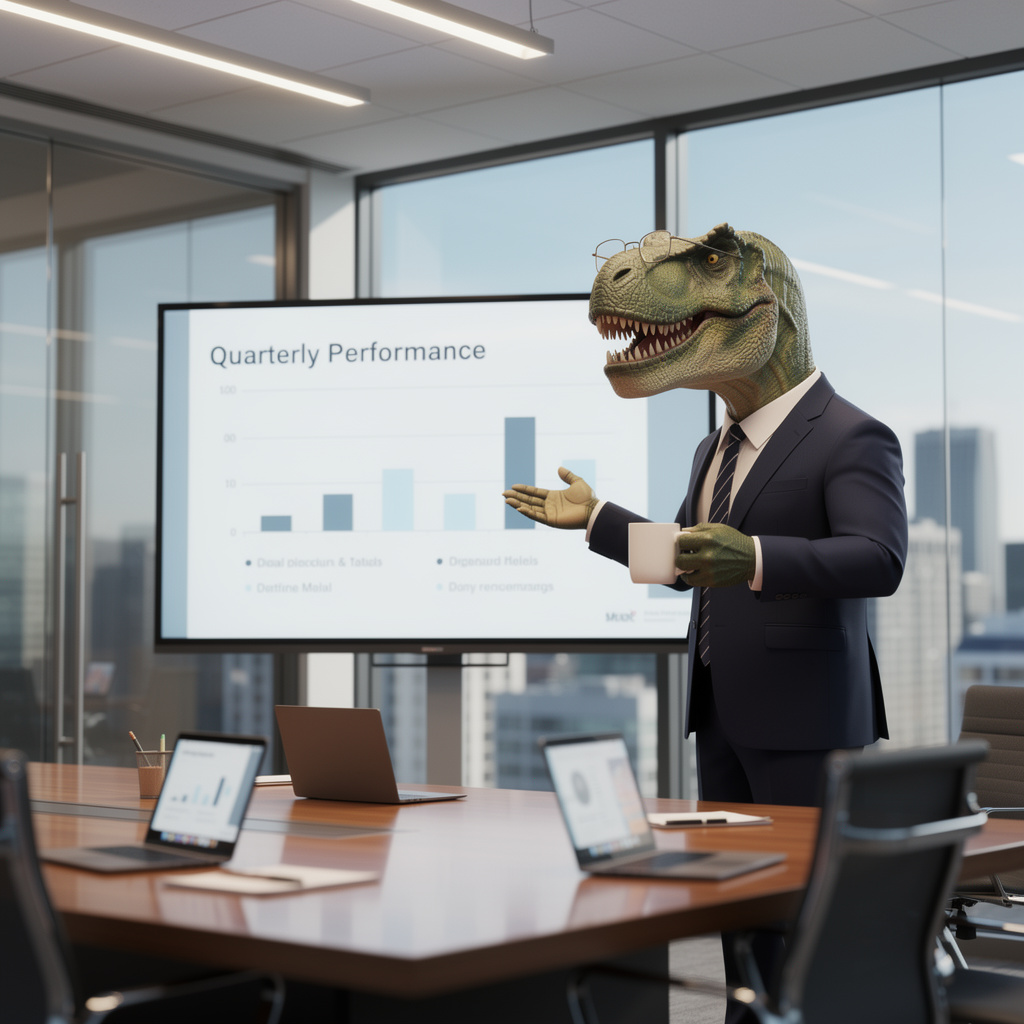 A dinosaur in a business suit giving a PowerPoint presentati
