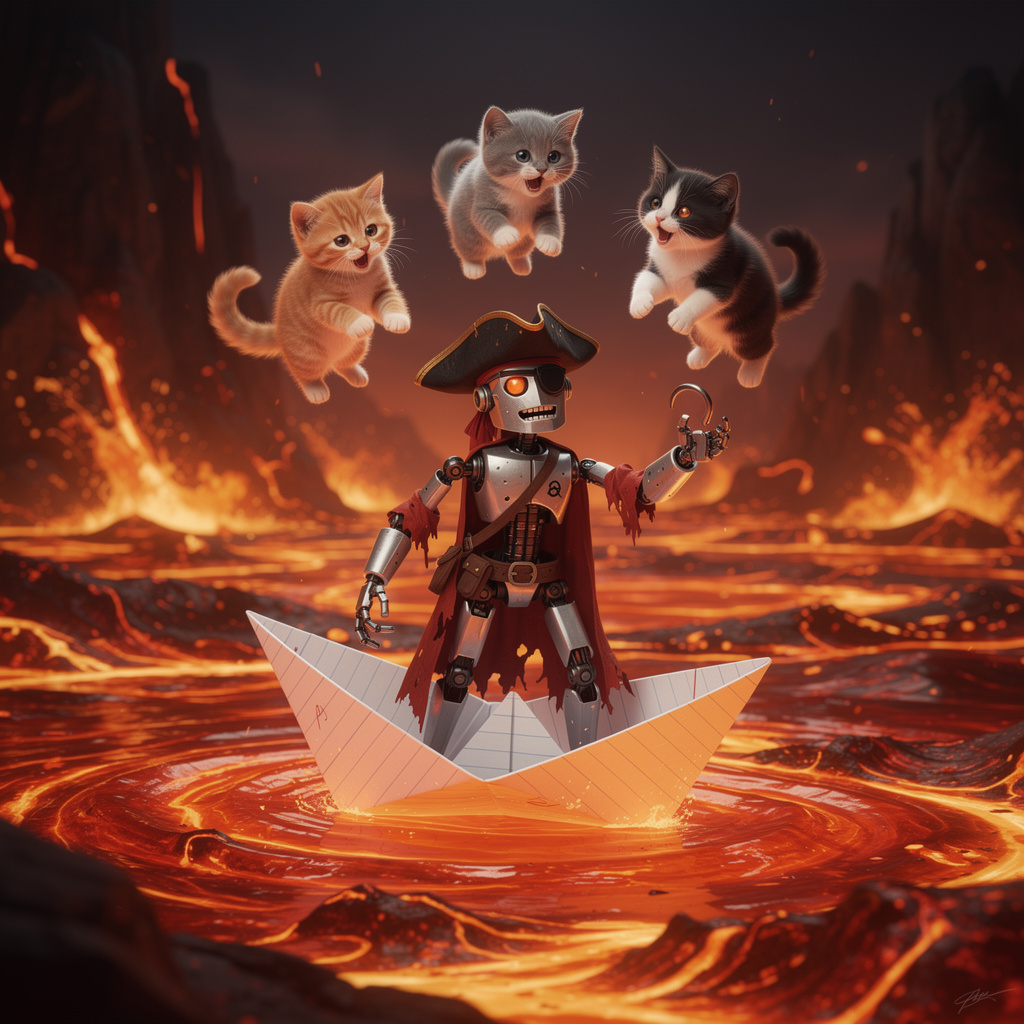 A robot dressed as a pirate sailing a paper boat on a lake o