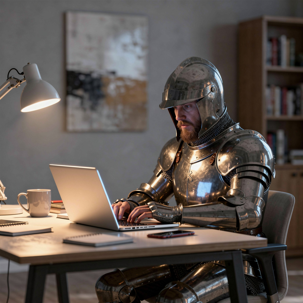 A medieval knight in full armor sitting at a desk typing on 
