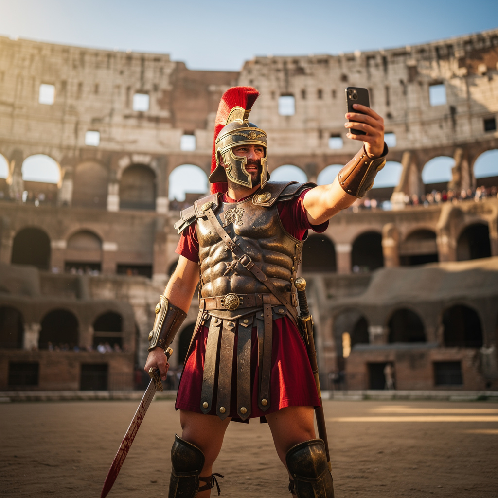 A Roman gladiator taking a selfie with a smartphone in the C