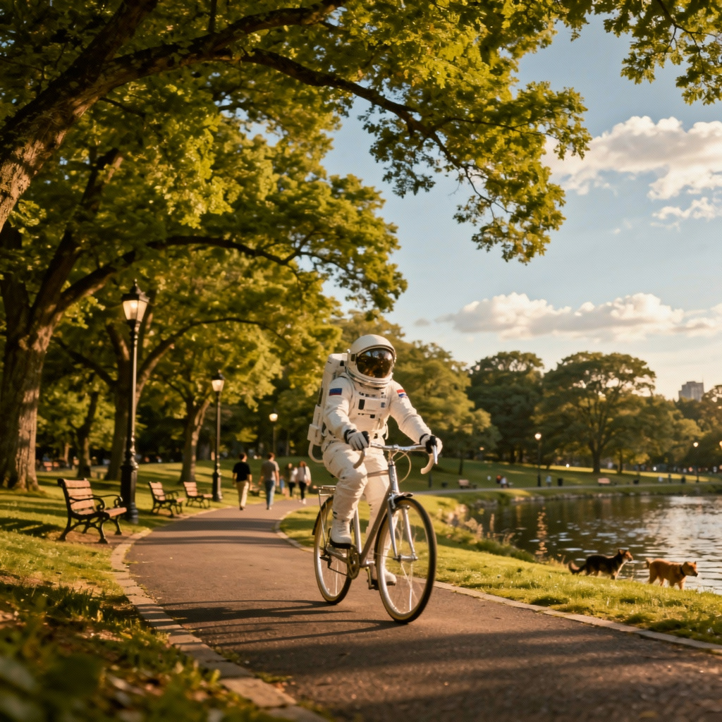 An astronaut in a spacesuit riding a bicycle through a park