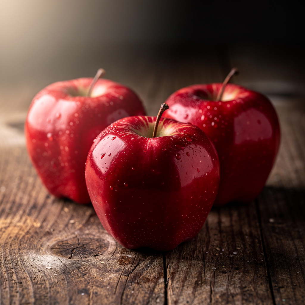 Exactly 3 red apples arranged on a wooden table