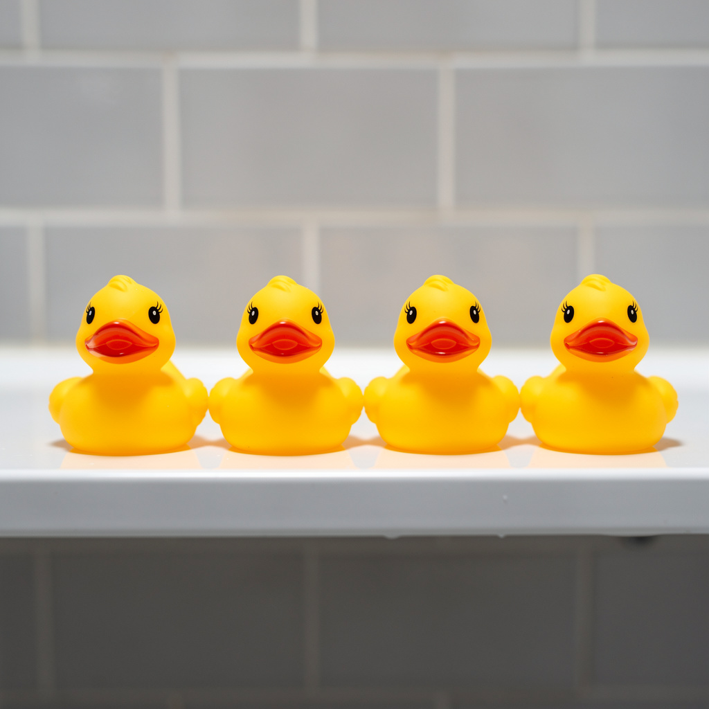 Exactly 5 yellow rubber ducks sitting in a row on a bathroom