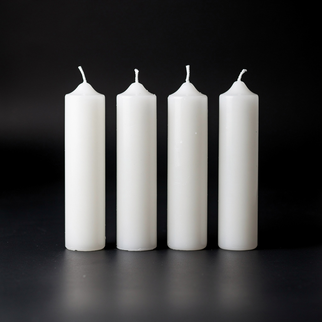 Exactly 4 white candles standing on a dark surface