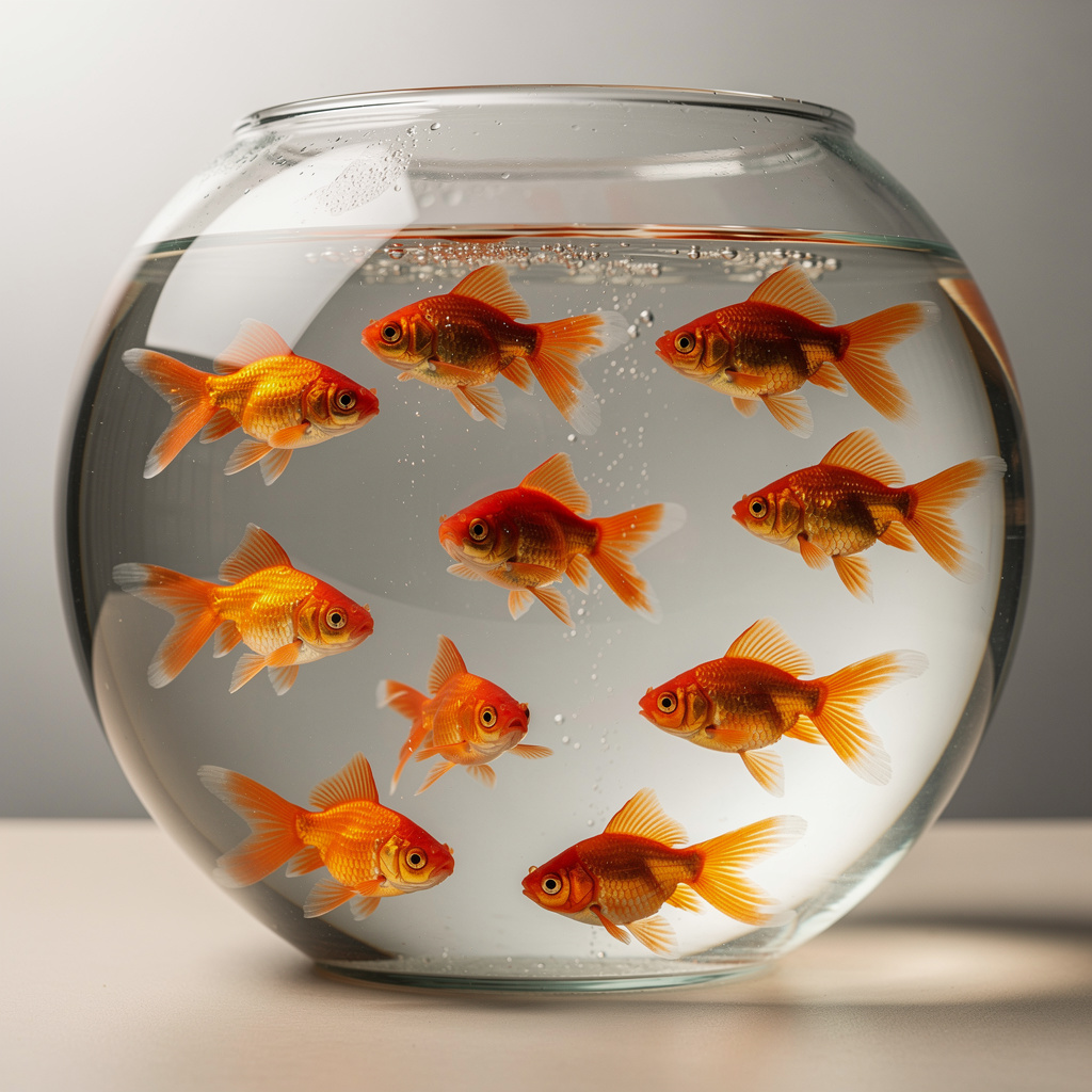 Exactly 9 goldfish swimming in a large round fishbowl