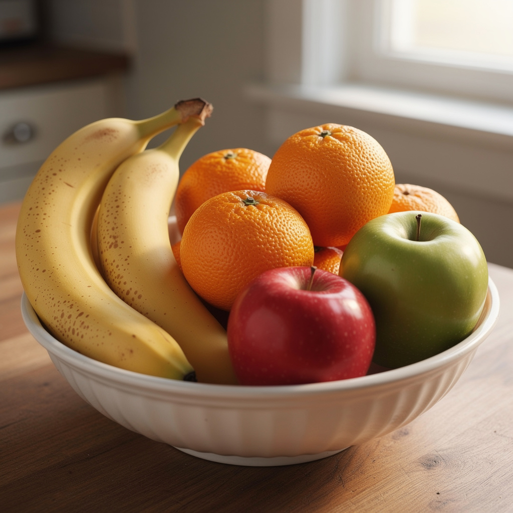 A fruit bowl containing exactly 3 bananas, 4 oranges, and 2 