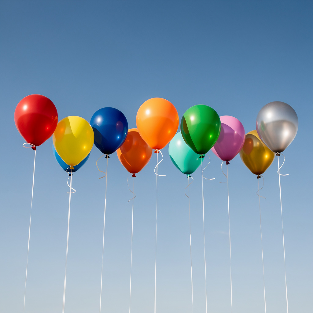 Exactly 11 colorful balloons floating against a clear blue s
