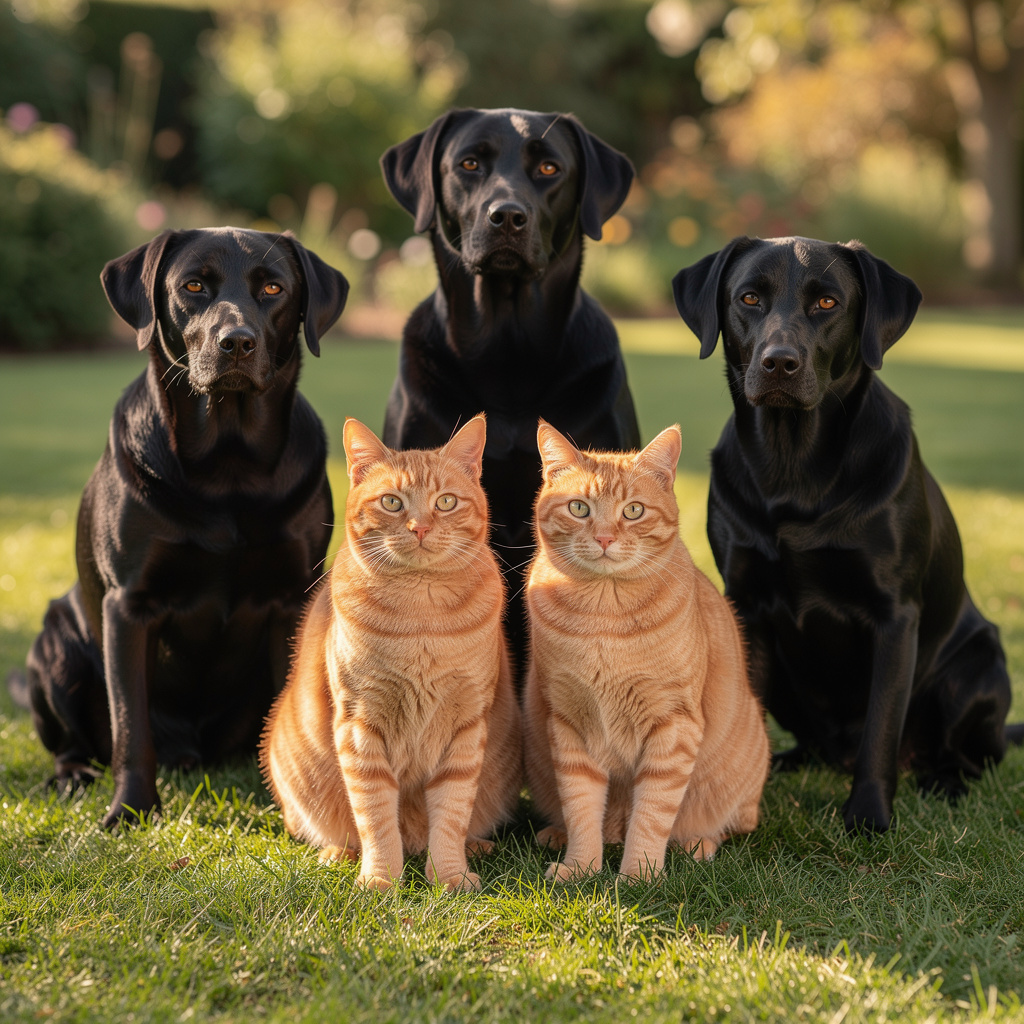 2 orange cats and 3 black dogs sitting together on a grassy 