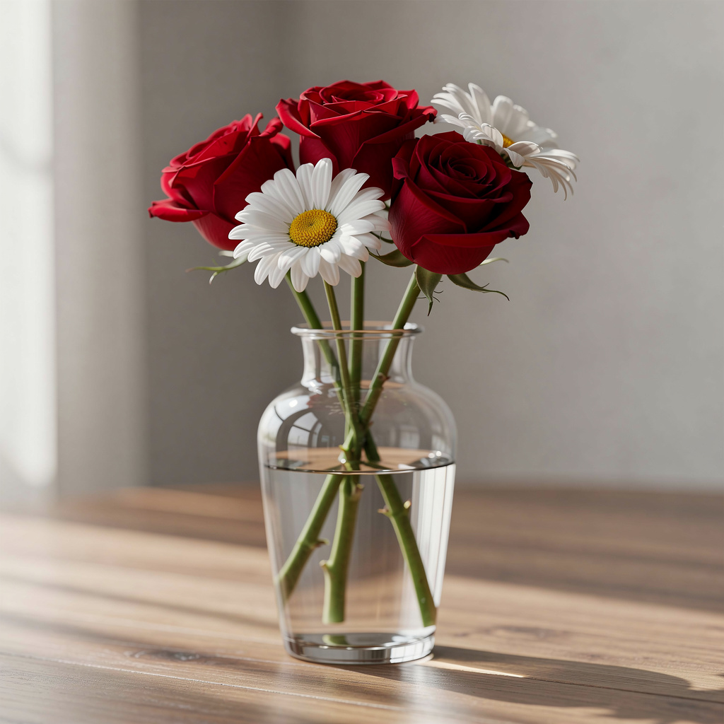 4 red roses and 2 white daisies in a glass vase on a table