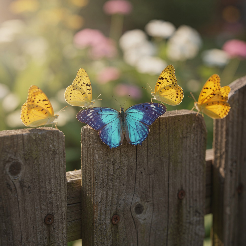 1 blue butterfly and 3 yellow butterflies resting on a garde