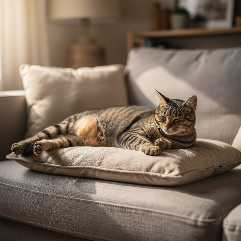 A cat lying on a couch without a collar