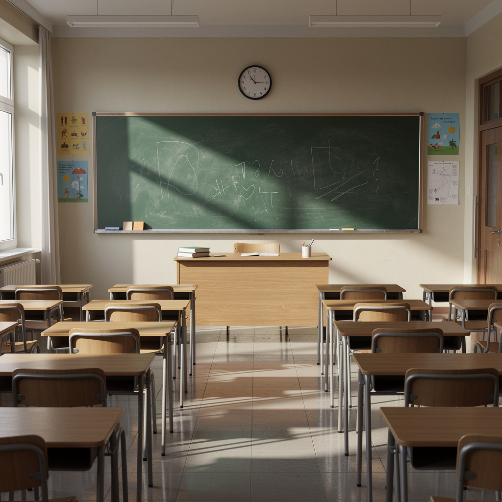 A classroom with desks and a chalkboard but no students