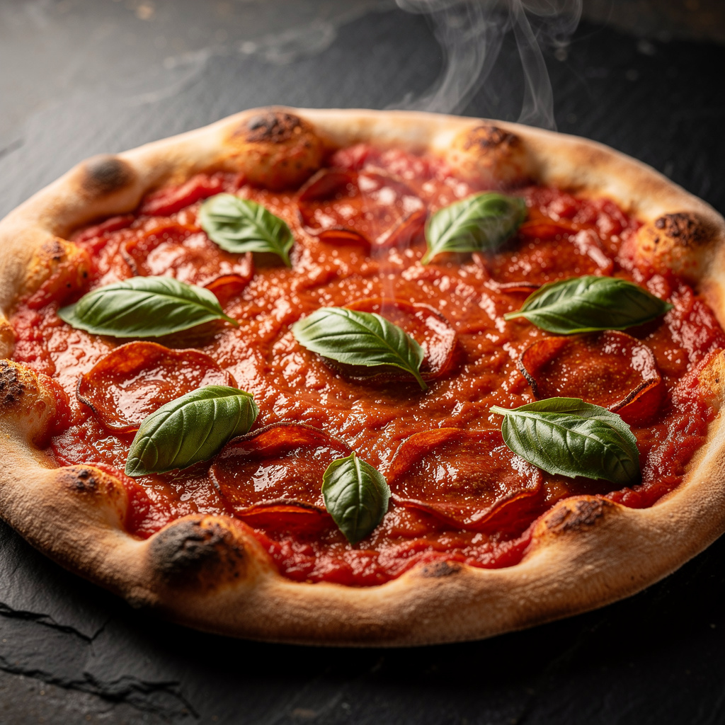 A pepperoni pizza with tomato sauce, basil, and crust but ab
