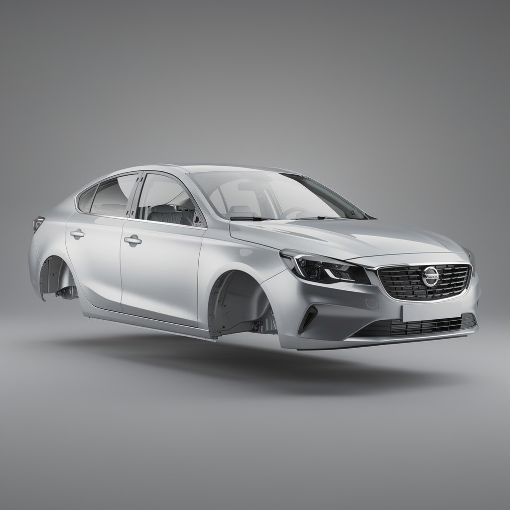 A car body with windows, doors, and headlights but no wheels