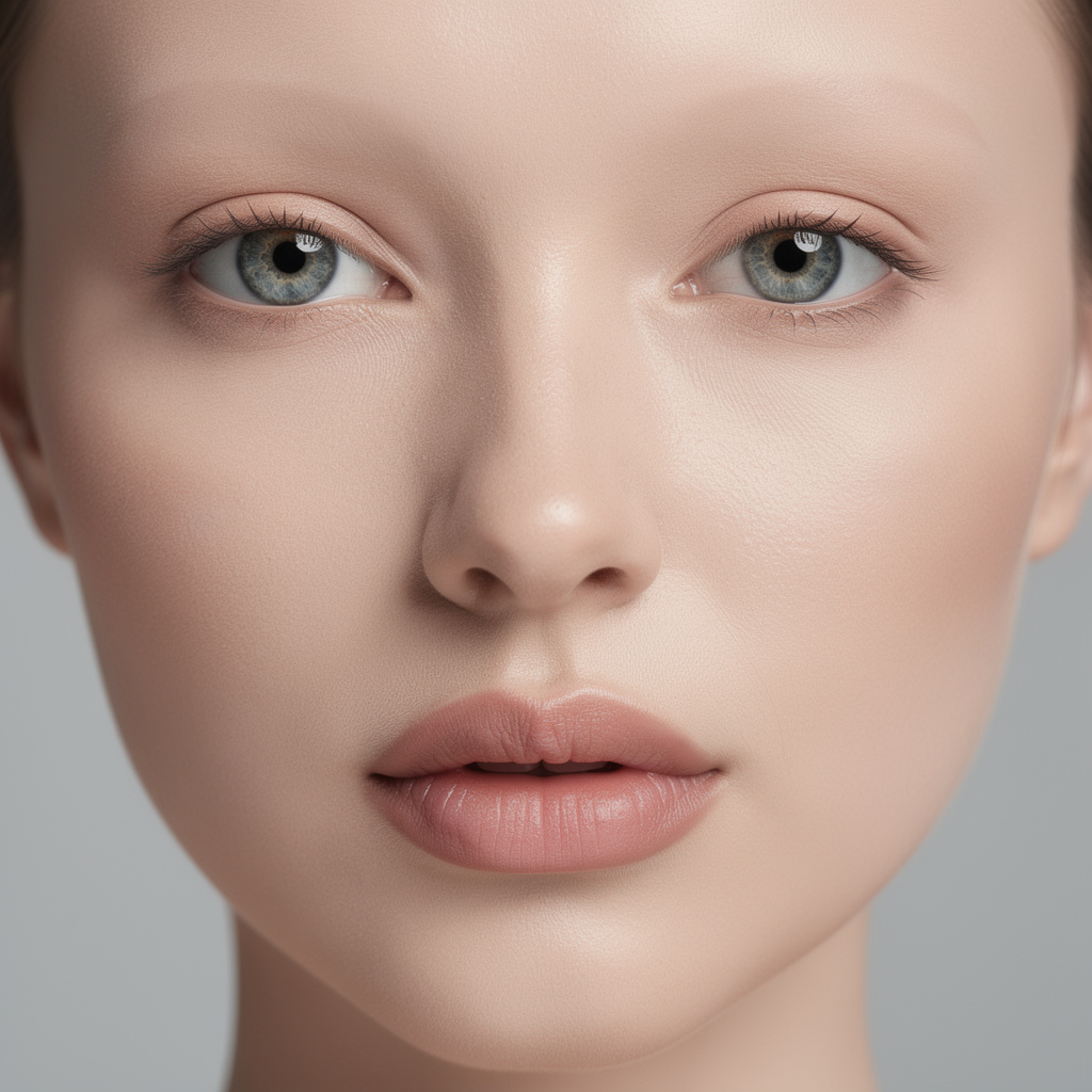 A human face with eyes, nose, and mouth but no eyebrows