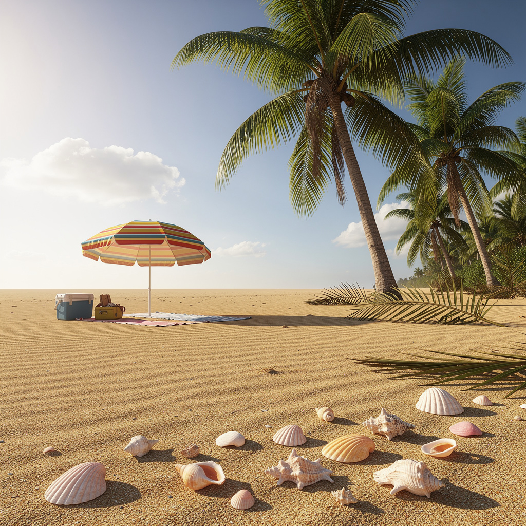 A sandy beach with palm trees, seashells, and a beach umbrel