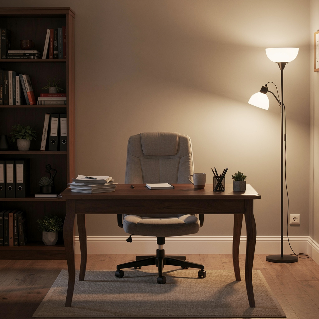 An office workspace with a desk, chair, bookshelf, and lamp 