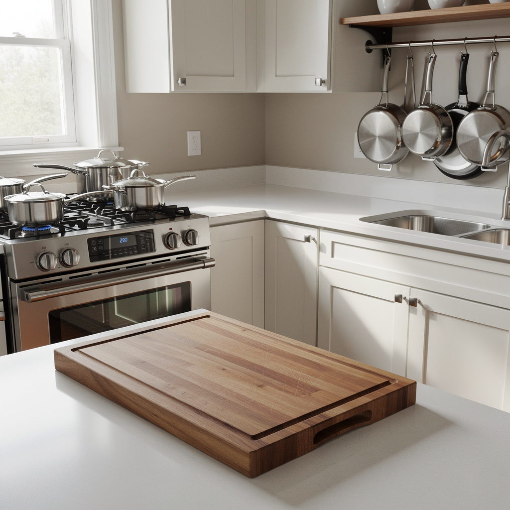 A kitchen with pots, pans, a stove, and a cutting board but 