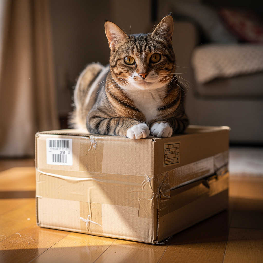 A cat sitting on top of a cardboard box