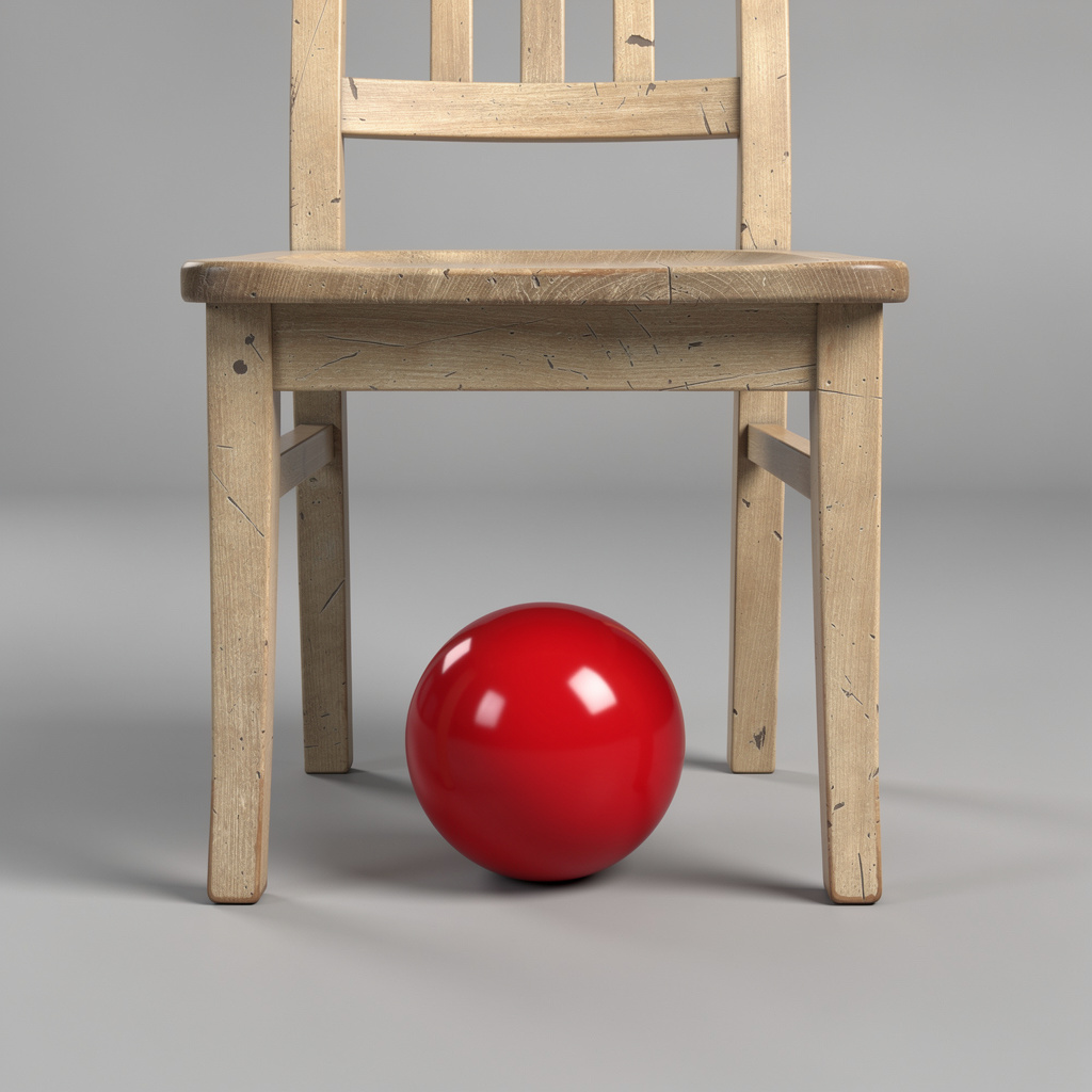A red ball underneath a wooden chair