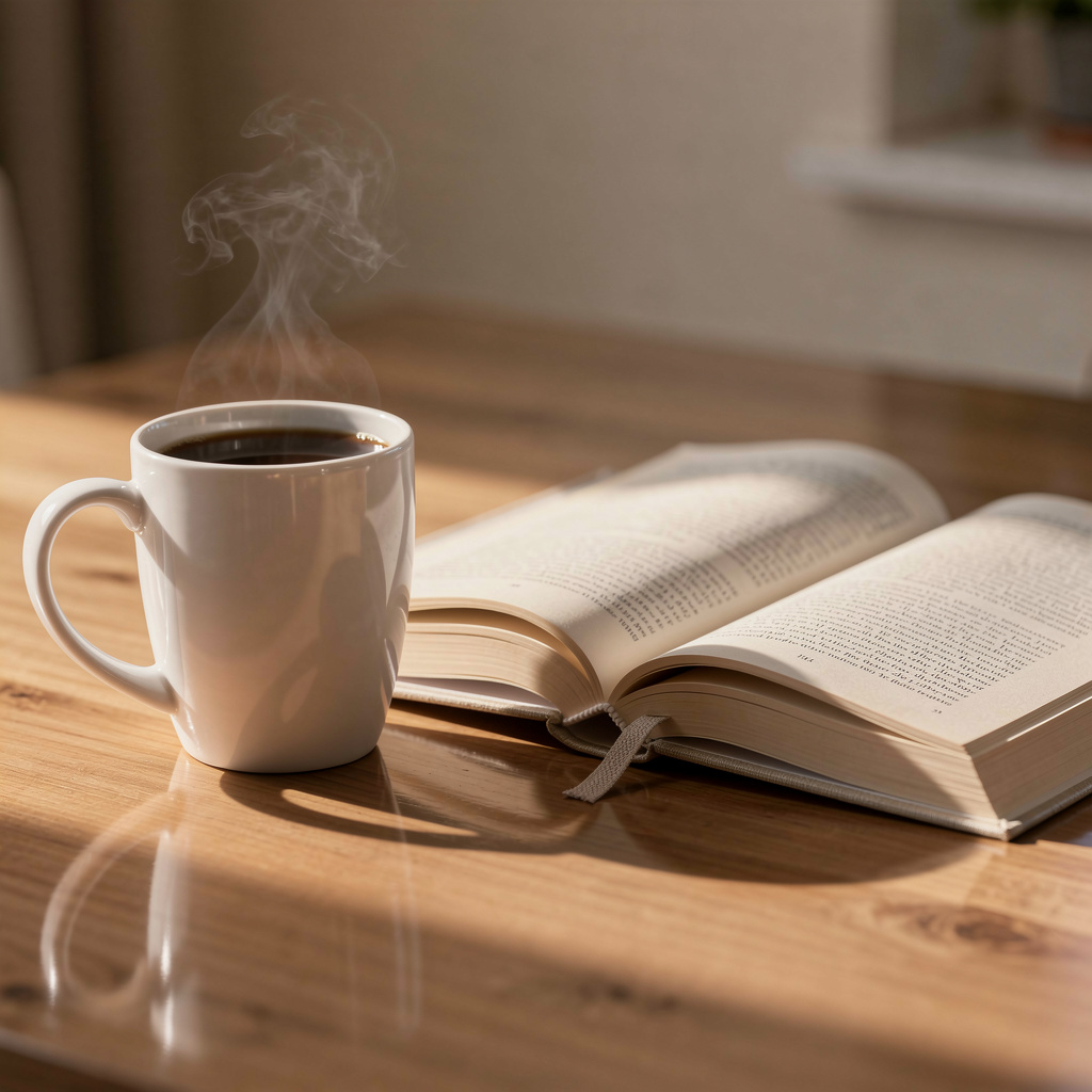 A coffee mug next to an open book on a desk